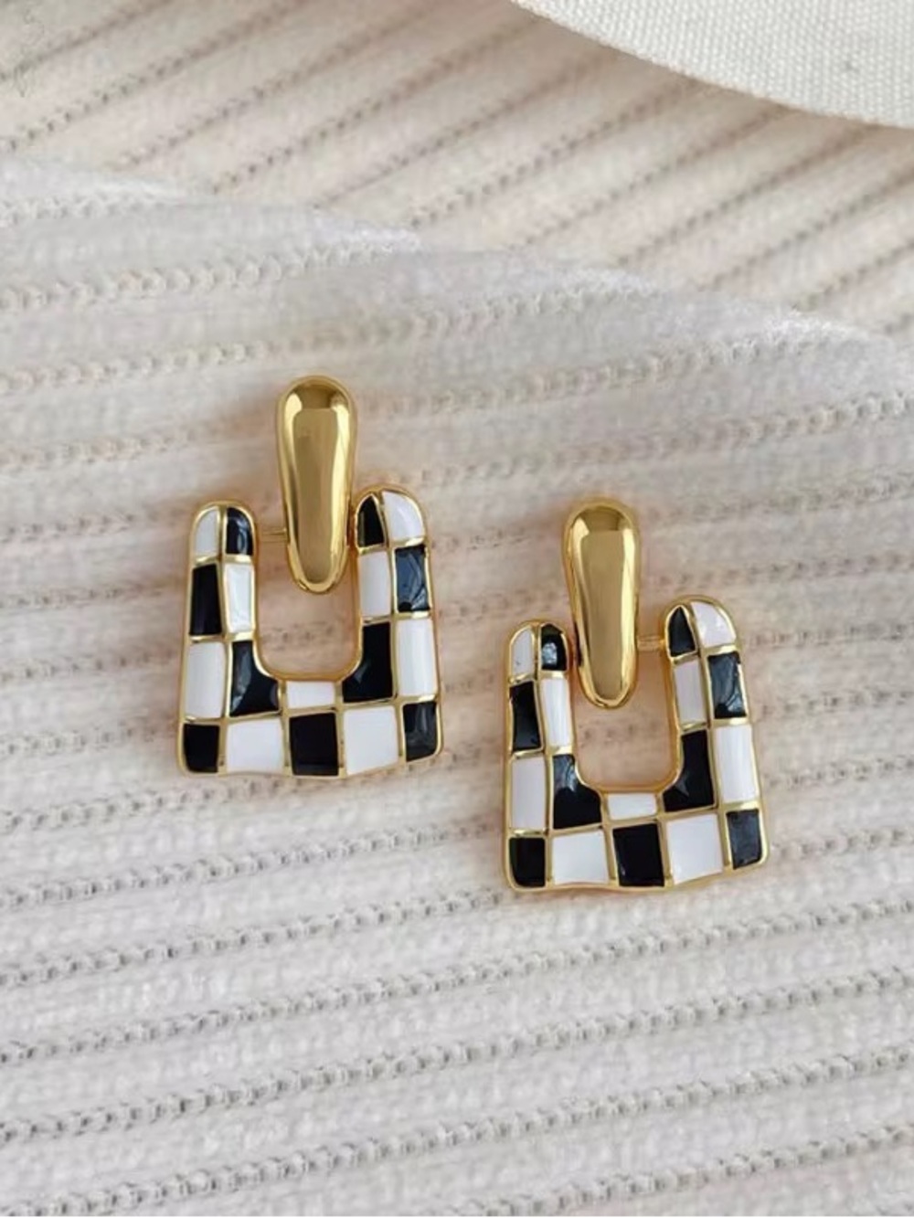 Checkerboard Enamel Gold Drop Earrings - Black & White